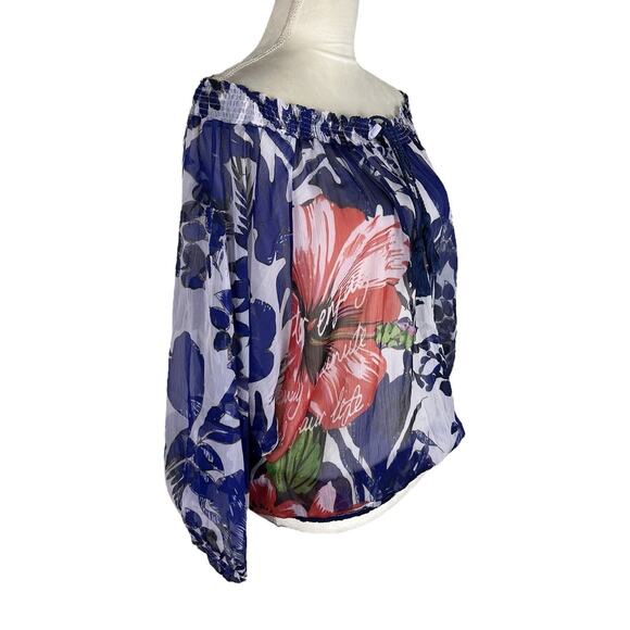 Desigual Off-Shoulder Tassel Tie Front Peasant Blouse Sheer Floral Size Medium - Picture 3 of 9